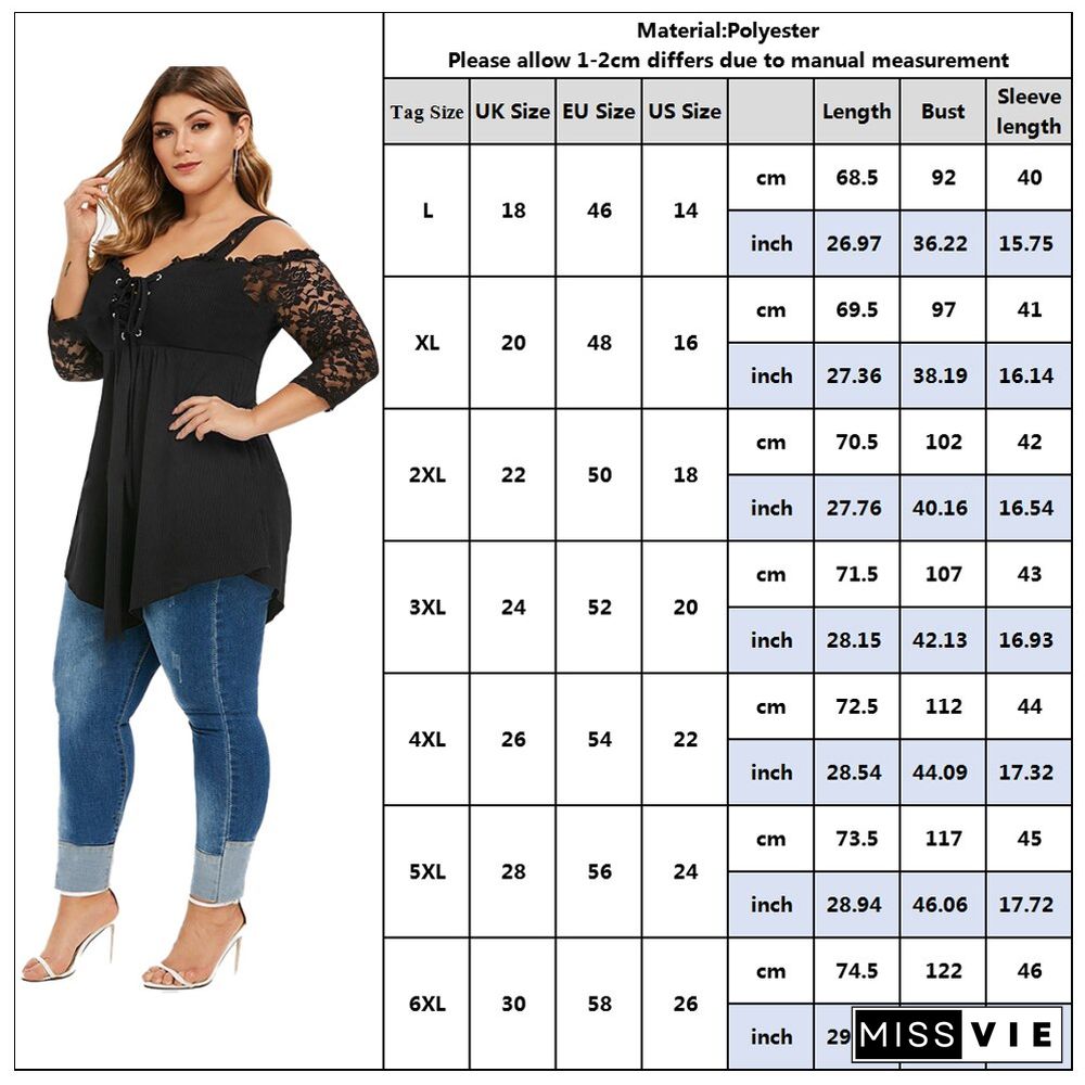 6XL Plus Size Spaghetti Strap Lace Women T-Shirt Summer Mesh Black Loose Lady knit Tshirt Tee Tops 3/4 Sleeve Female Blusas D30