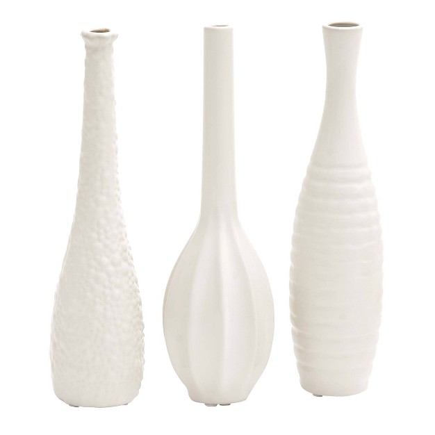 Set Of 3 Ceramic Slim Bottleneck Vases With Textured Patterns White Cosmoliving By Cosmopolitan