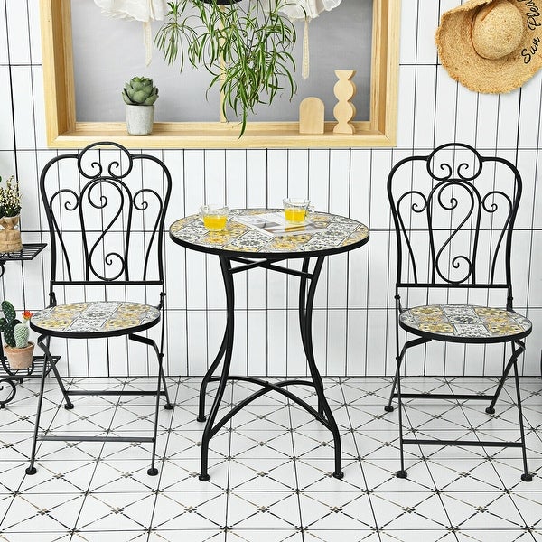 2 Pieces Mosaic Folding Bistro Chairs with Ceramic Tiles Seat - Overstock - 37532293