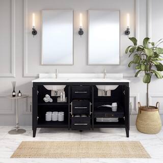 ART BATHE Vienna 60 in. W x 22 in. D Bath Vanity in Espresso Diamond Quartz Top with White Sink Power Bar and Drawer Organizer VA60ES