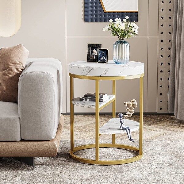 Gold End Table， Modern 3-Tier Side Table with Storage Shelf