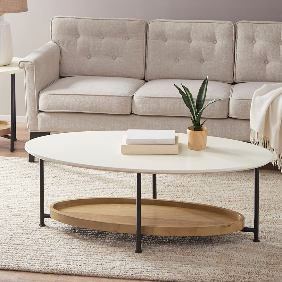 Madison Park Beaumont White Oval Coffee Table With Wood Base Shelf   Industrial   Coffee Tables   by Olliix  Houzz