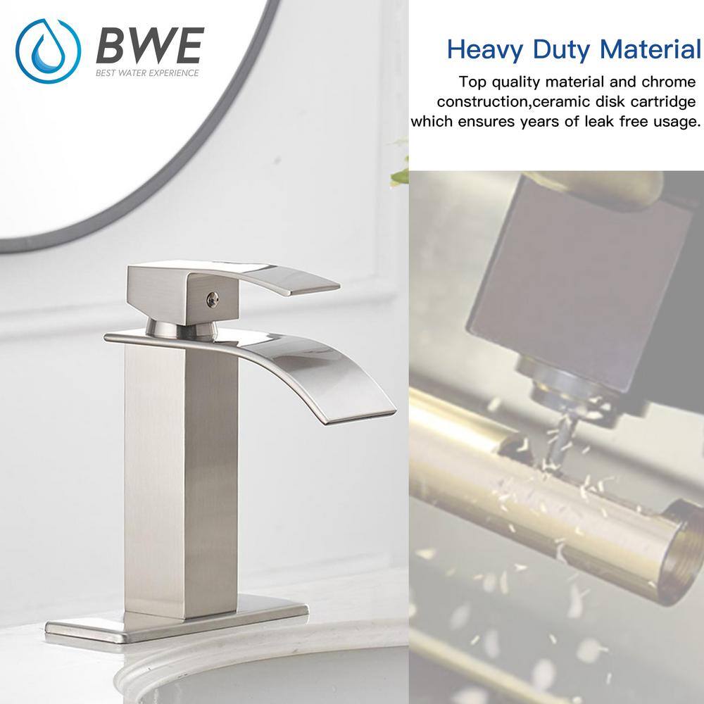 BWE Waterfall Single Hole Single-Handle Low-Arc Bathroom Faucet With Pop-up Drain Assembly in Brushed Nickel A-96021-N-2