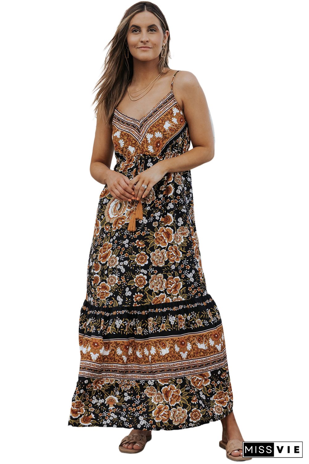 Black Retro Boho Floral Tassel Tie Maxi Dress