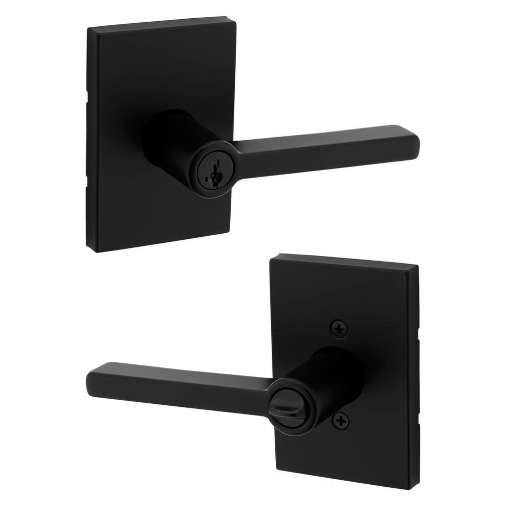 Kwikset Halifax Rectangle Rose Matte Black Keyed Entry Door Lever Featuring SmartKey Technology with Microban 740HFLRCTS514K3