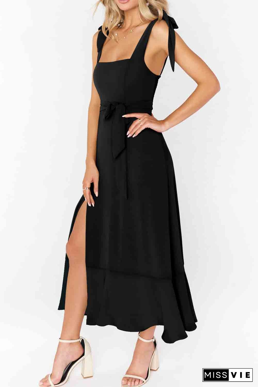 Black Tie Shoulder Smocked Back Side Slit Maxi Dress