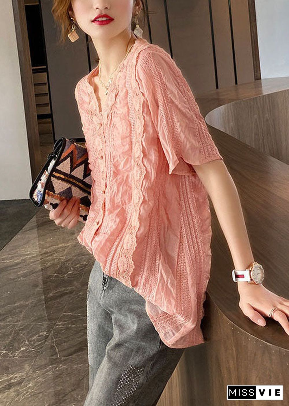 Diy Pink V Neck Lace Patchwork Chiffon Blouses Summer