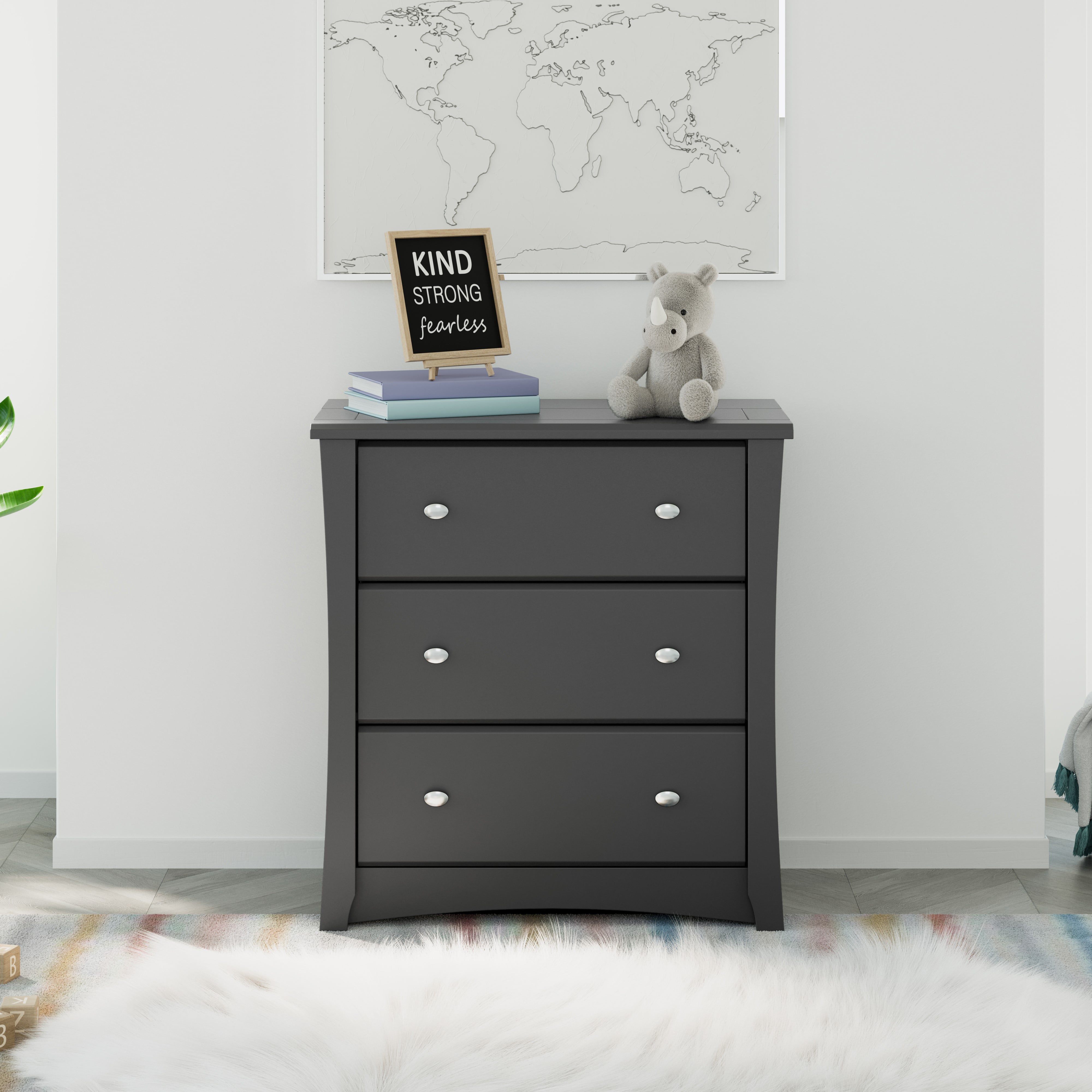 Storkcraft Crescent 3 Drawer Modern Vertical Dresser Gray Finish