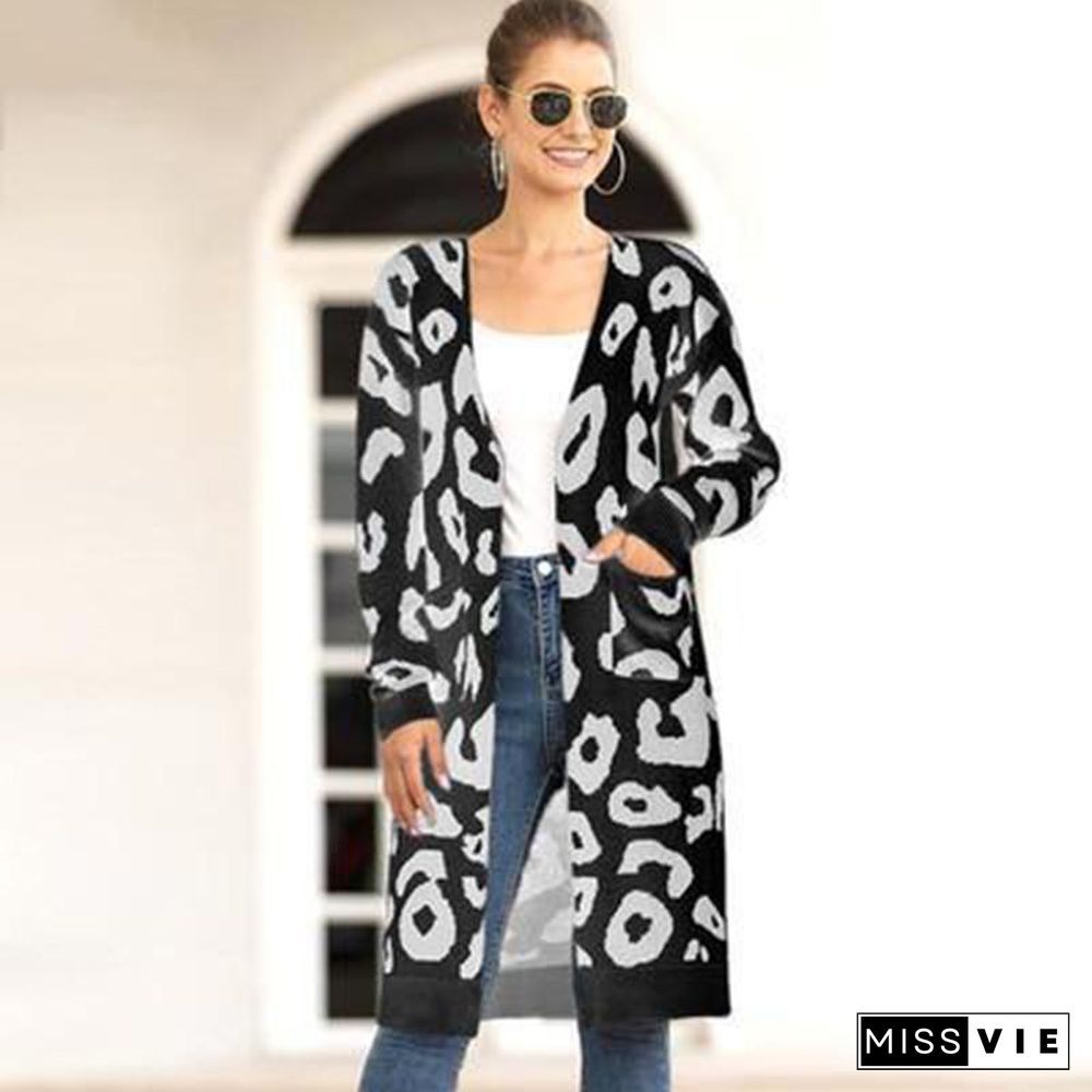 Veste Femme Loose Sweater Coats Autumn Winter Sweater Overcoat Leopard Cardigan Casual Knitwear Jacket Women Knit Long Coat