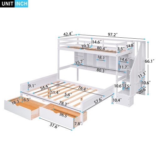 Twin XL Over Full Bunk Bed with Built in Storage S...