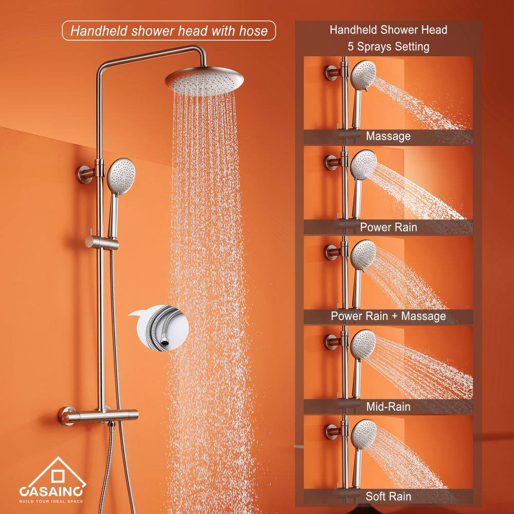 CASAINC 5-Spray Patterns 9.5 in. Thermostatic Rain Shower Faucet Wall Mount Dual Shower Heads in Spot Resist Brushed Nickel HM-T101-RO-BN