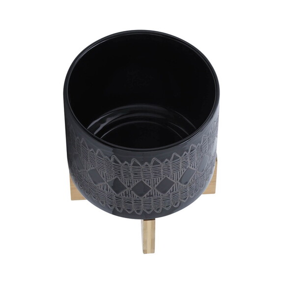 Ceramic 8 Aztec Planter On Wooden Stand  Black B0...