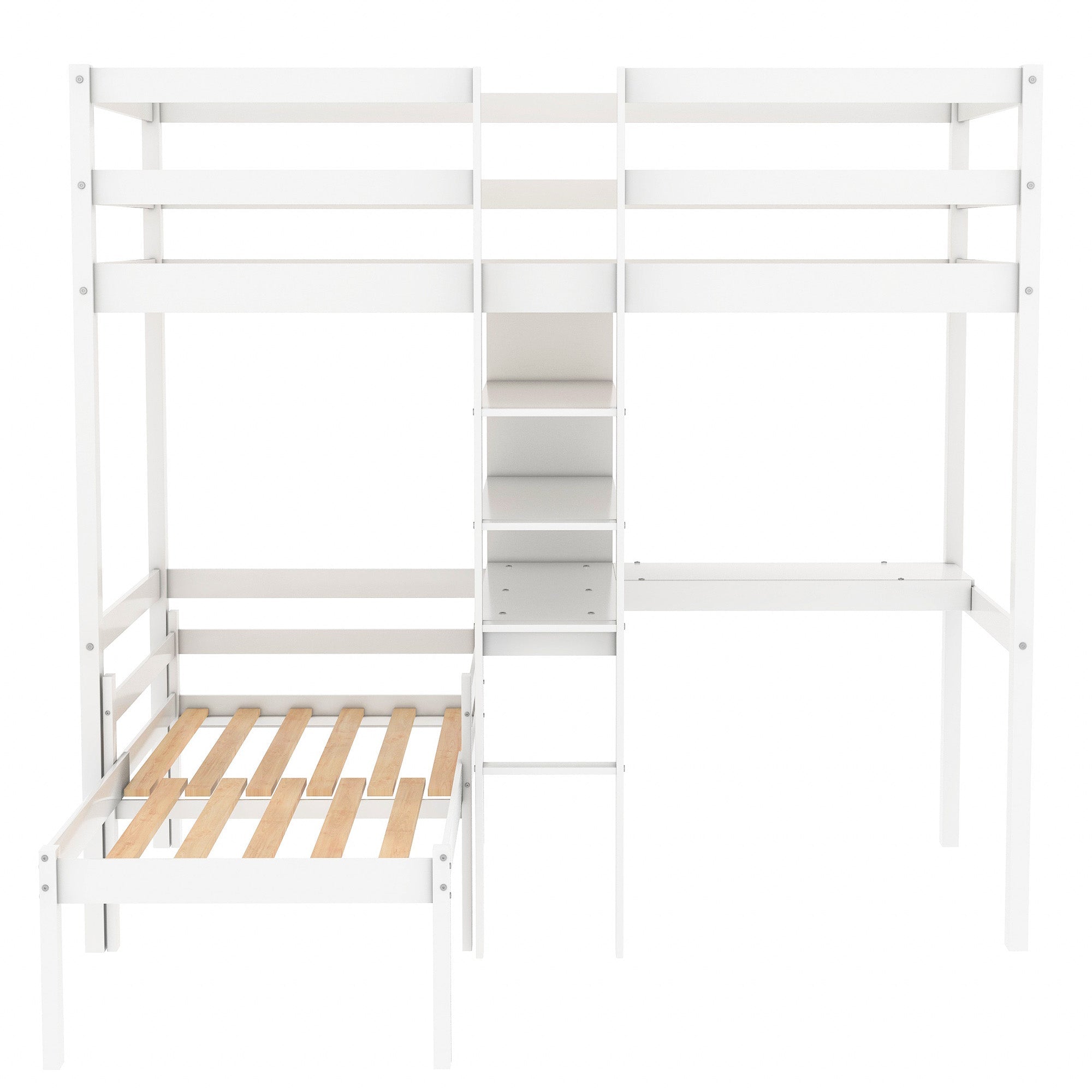 Euroco Twin Size Wood Bunk Bed with Shelves & Desk for Kids Bedroom, White