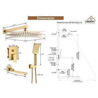 CASAINC 1-Handle 3-Spray Pattern 10 in Wall Mount Shower Head Tub and Shower Faucet Brushed Gold (Valve Included) DB-98103LSJ-10