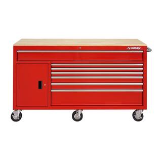 Husky 61 in. W x 22.1 in D Standard Duty 7-Drawer 1-Door Mobile Workbench Tool Chest with Solid Wood Top in Gloss Red HOTC6107B21M