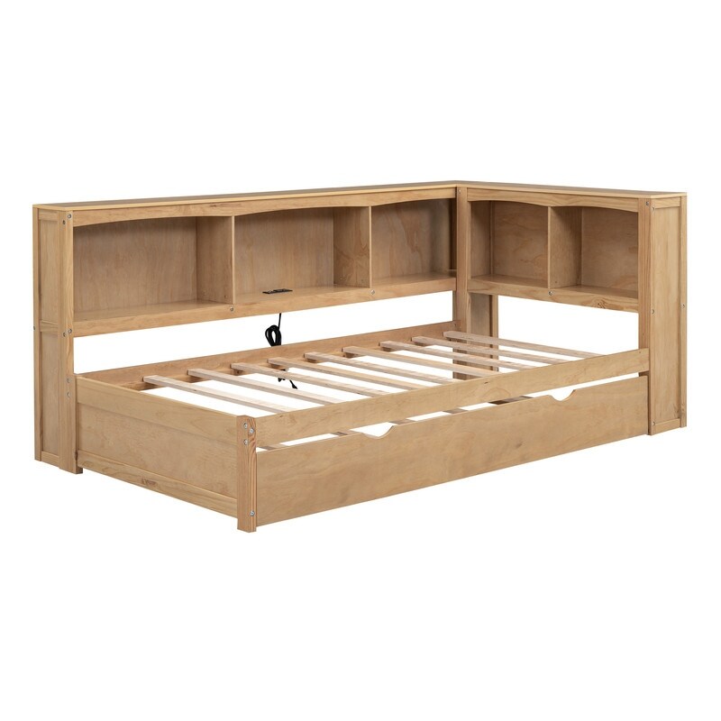 Twin Size Day Bed with Bookcases  Daybed with Trundle USB Ports and 5 Built in Storage Cabinets  Wood