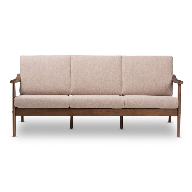 Venza Mid modern Walnut Wood Fabric Upholstered 3 Seater Sofa Light Brown Baxton Studio