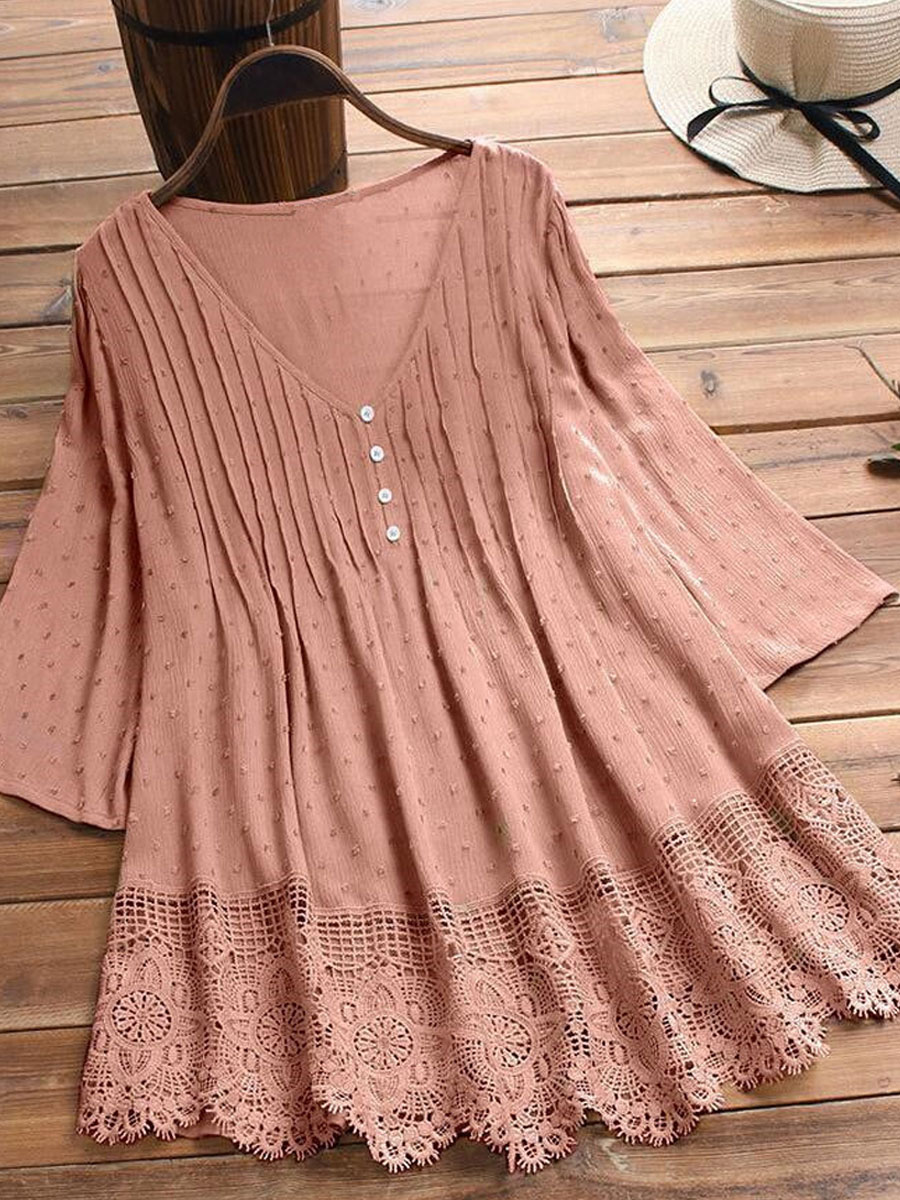 V-neck Casual Loose Lace Panel Sunscreen Mid-sleeve Blouse