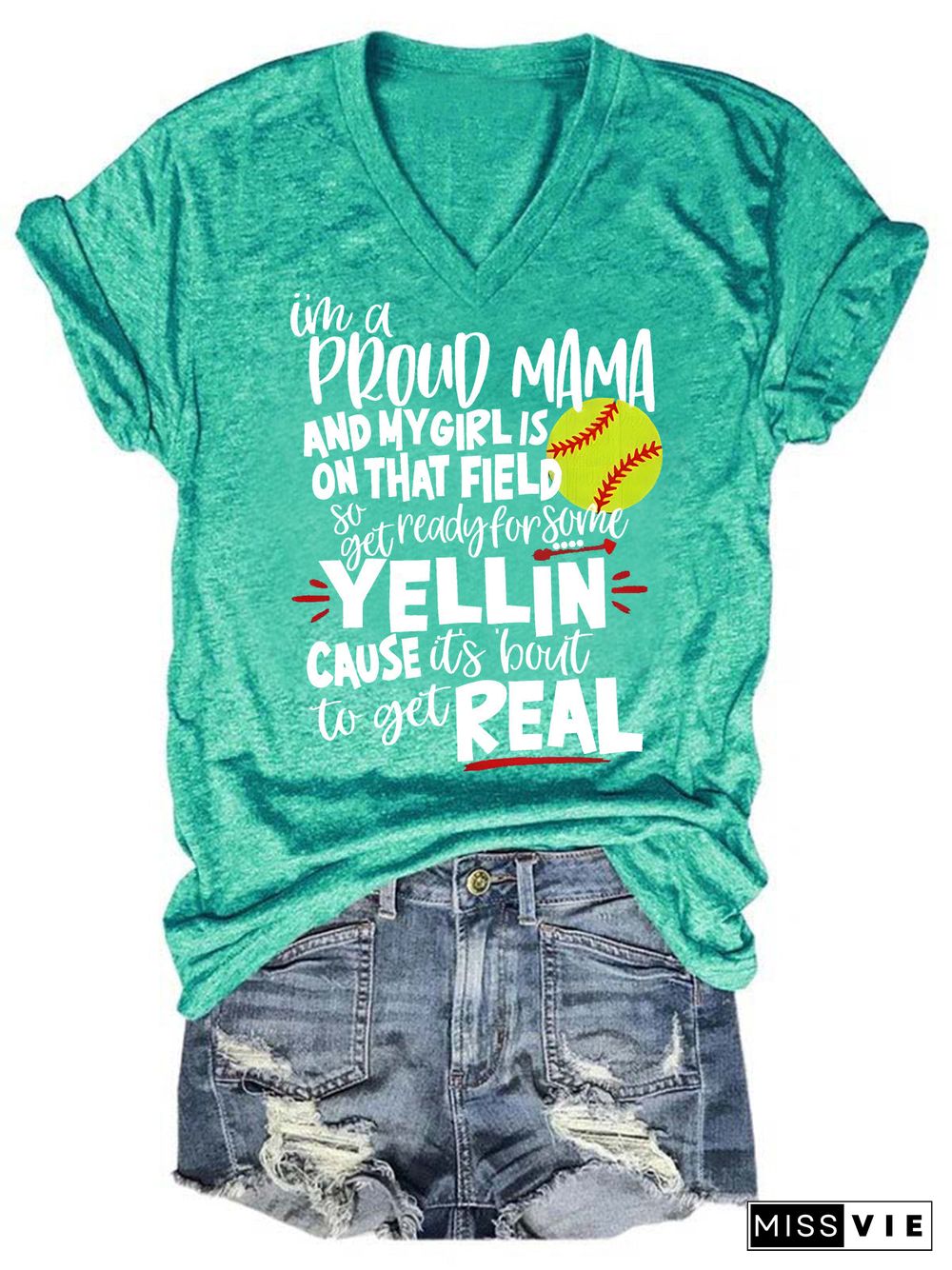 Proud Softball Mama V Neck T-Shirt