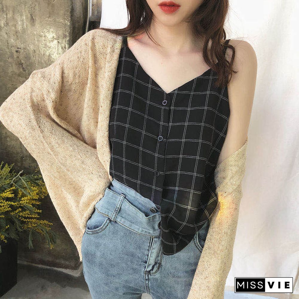 Chiffon Vintage Plaid Small Camisole Women Top Vest Summer Wear Loose Sleeveless Cami Tank Tops Streetwear Casual Female Tee