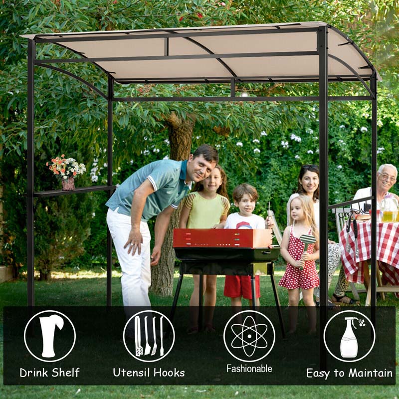 7 x 4.5 FT Outdoor Patio Grill Gazebo, Curved Grill Shelter BBQ Canopy with Serving Shelf & Storage Hooks