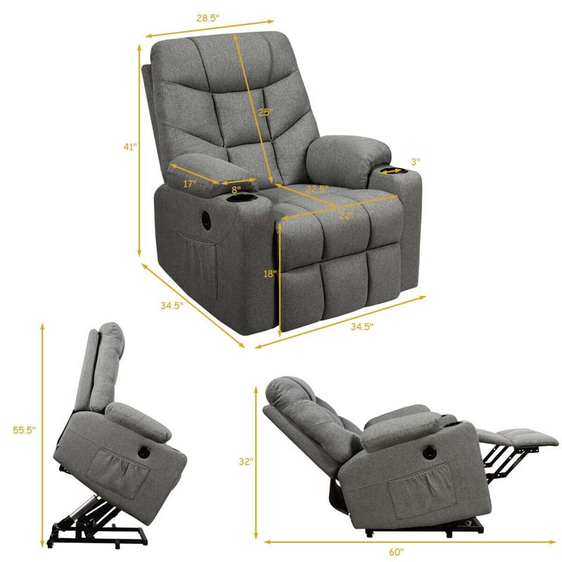 Heated Power Lift Recliner Fabric Massage Reclining Sofa, Elderly Lift Chair with 8 Point Massage, 2 Side Pockets Cup Holders, USB Port