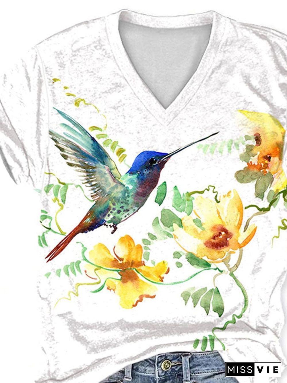 V-neck Hummingbird Yellow Flower Print T-Shirt