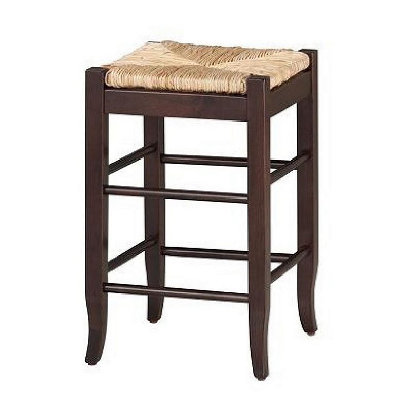 Rush Woven Wooden Frame Counter Stool with Saber Legs， Beige and Dark Brown