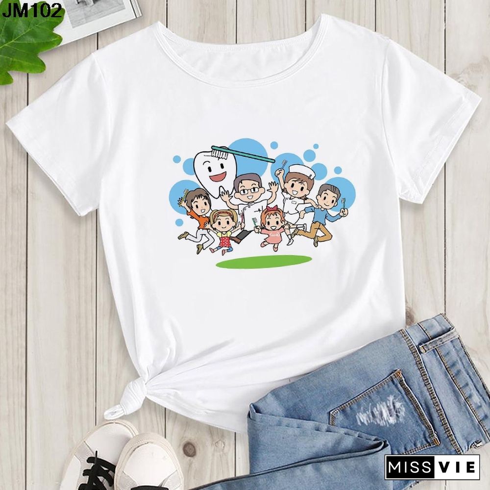 Aesthetic Funny Tooth Dentist Print Female Clothing T-shirt 90s Harajuku Kawaii O-neck Tshirt Summer Fashion Women's Top T Shirt