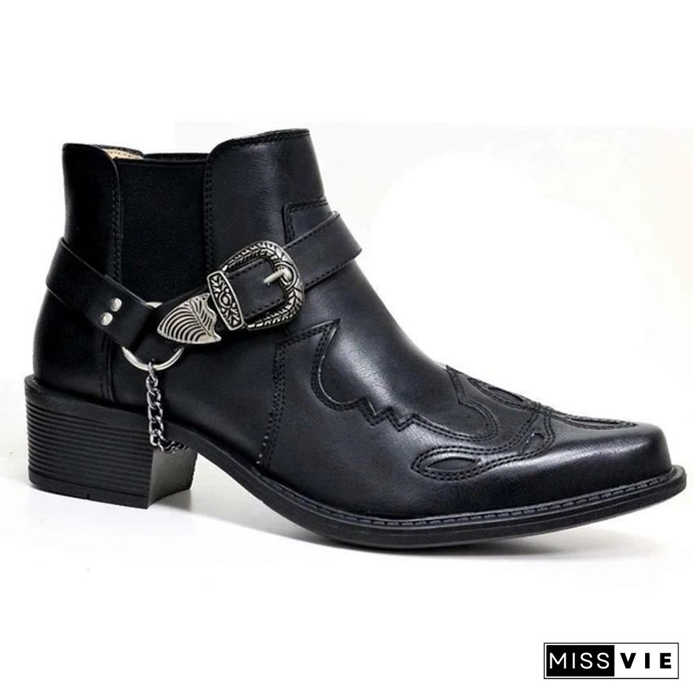 New Short Boots Fashion Personalized Belt Buckle Thick Heel Pointed Martin Boots Men's Boots