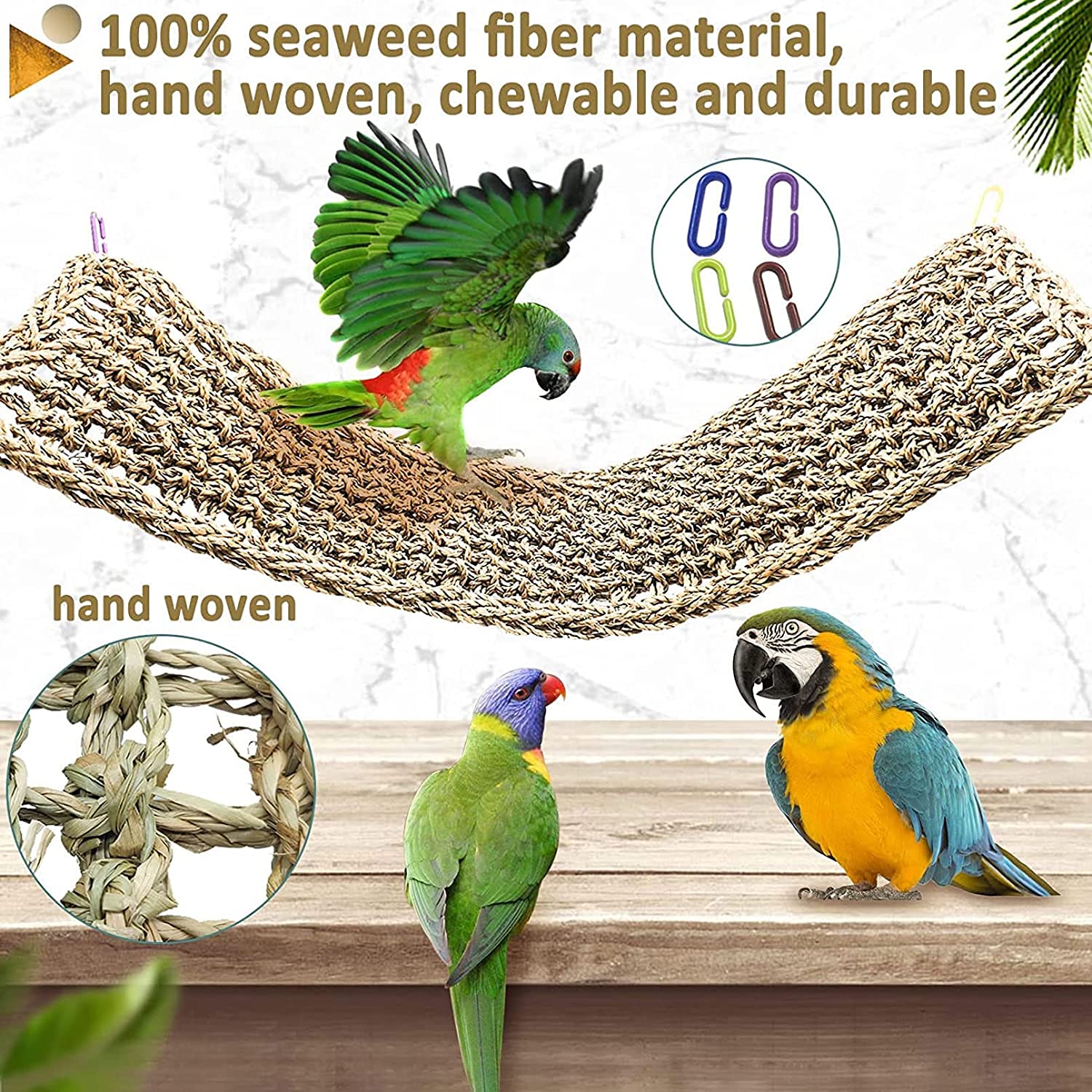 Hamiledyi Bird Seagrass Mat Toy，Natural Grass Woven Net Hammock Hanging on Parrot Cage with 4 Hooks，Parakeet Climbing Rope Ladder Chew Toys for Lovebird Cockatiel Conure Budgie，Cockatoo Supplies