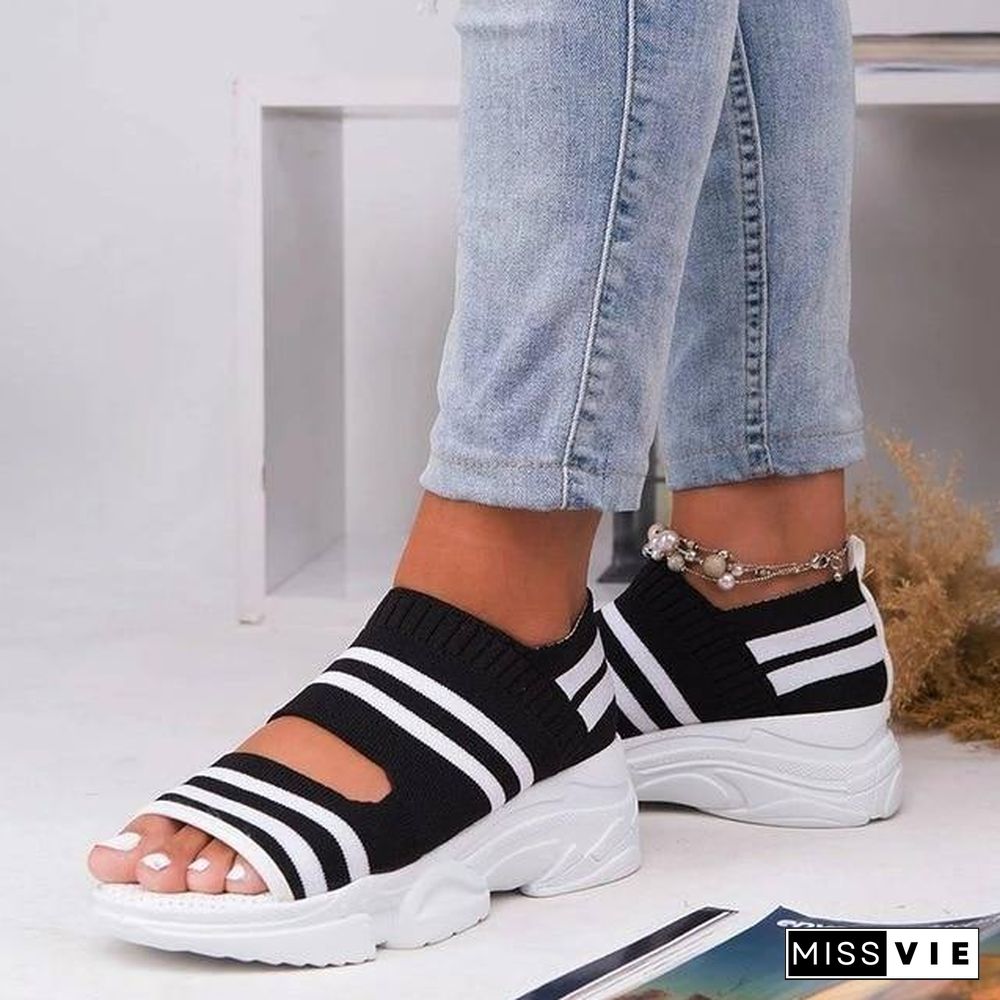 New Women Sandals High Heels Platform Women Shoes Summer Casual Female Sneakers Knitting Slip On Peep Toe Women Sandals