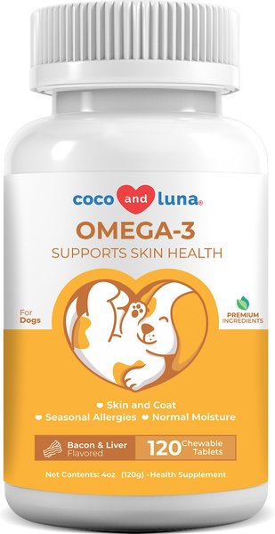 Coco and Luna Omega 3-6-9 Skin and Coat Bacon and Liver Flavor Dog Supplement， 120 count