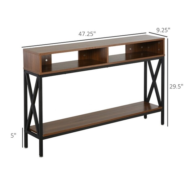 HOMCOM Industrial Style Entryway Console Table Desk with Shelf for Living Room， or Bedroom， Walnut Wood Grain