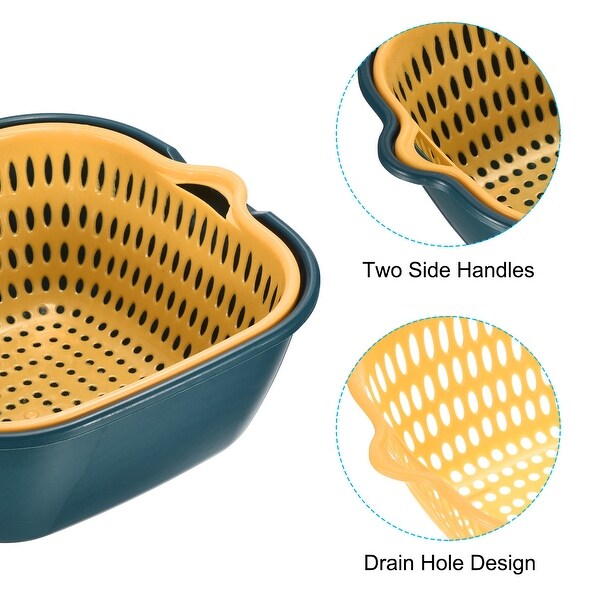 2pcs Drain Basket Double-Layer Vegetable Washing Basket Fruit Bowl - Blue Yellow - 24 x 22 x 9 cm