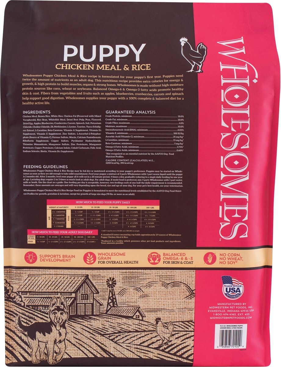 Wholesomes Puppy Chicken and Rice Dry Dog Food， 16.5-oz lb