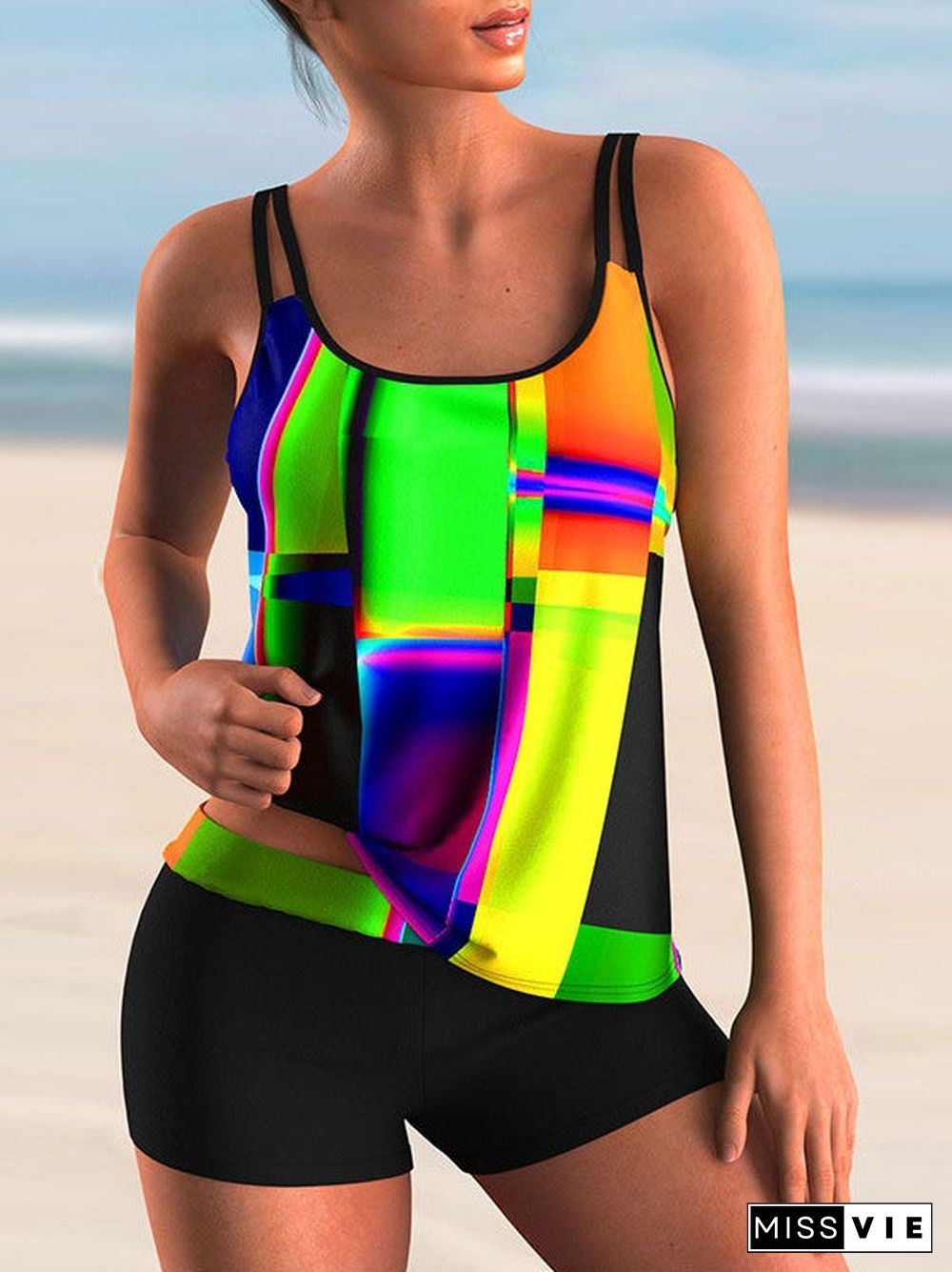 Plus Size Swimwear Sleeveless Bright Embroidery,Plaid Tankini