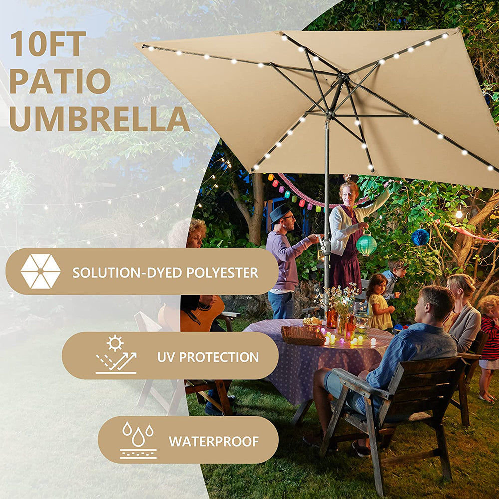 10X6.5Ft Patio Umbrella With Solar Lights -26 Led Rectangular Table Umbrella, 6-8 Chairs Outdoor Tilting Rectangle Umbrella For Lawn Backyard, Deck, Pool And Beach, Sand