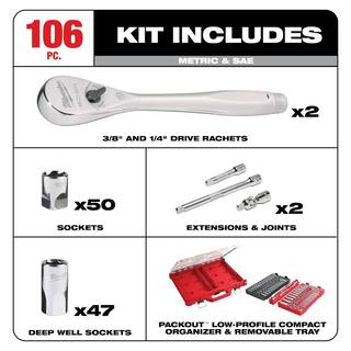 MW 38 in.  14 in. Drive SAEMetric Ratchet wSocket Set  12 in. Drive Metric Impact Sockets wPACKOUT Cases(137-Piece) 48-22-9486-49-66-6806