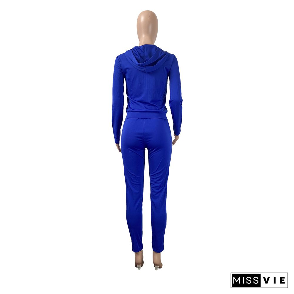 Solid Zipper Hoodies Top And Pants Sets