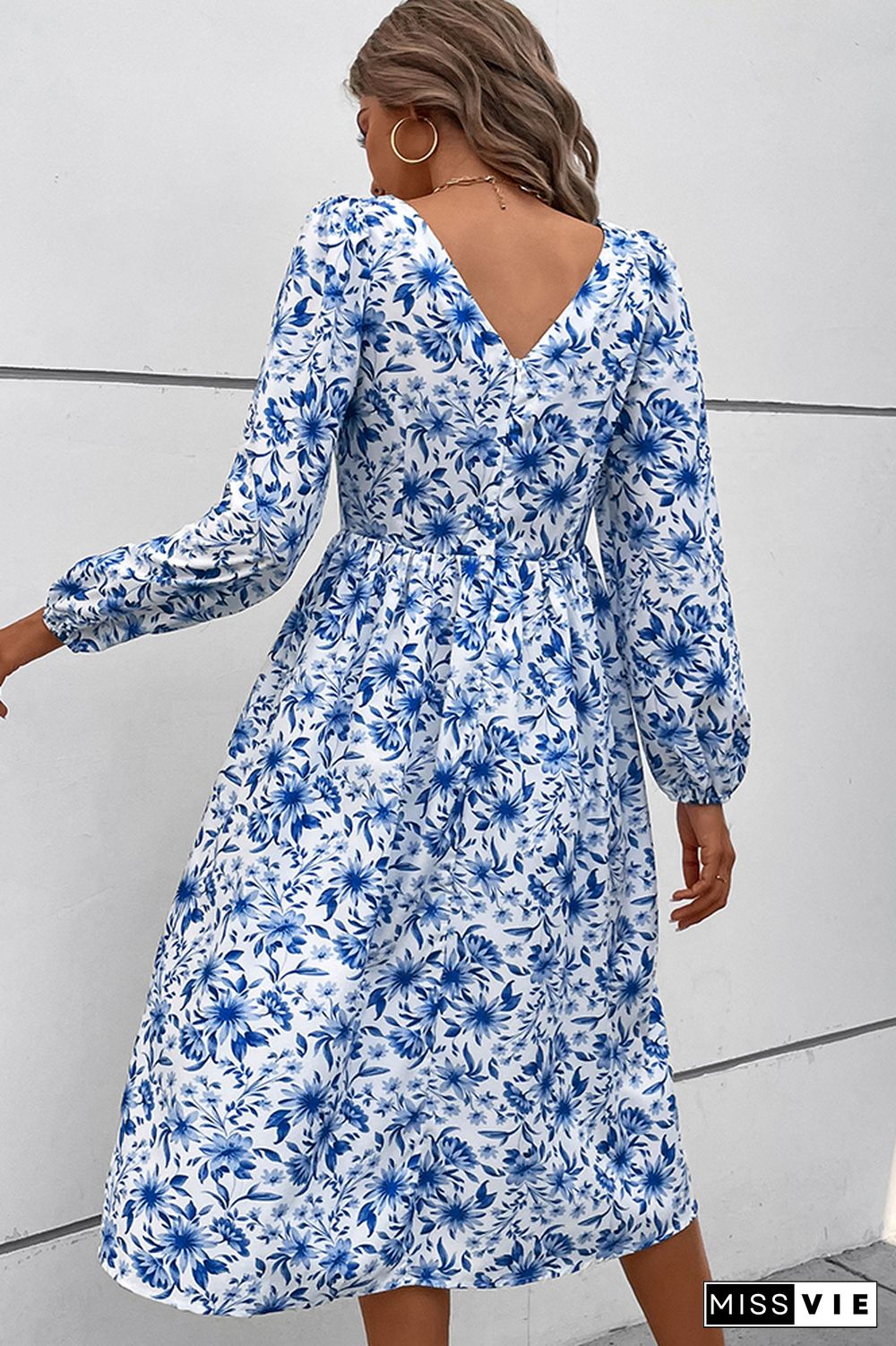 Blue Square Neck Elastic Waist Floral Dress