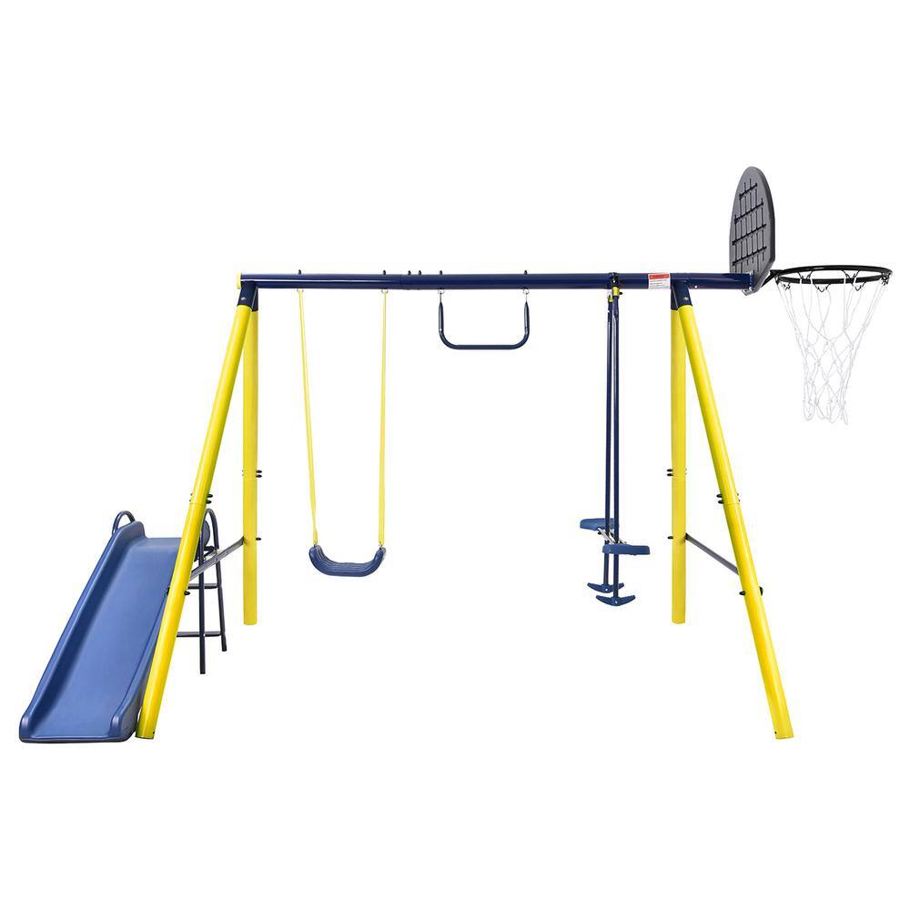 Afoxsos 5 in 1 Outdoor Tolddler Swing Set for Backyard with Steel Frame Seesaw Swing Basketball Hoop HDMX737