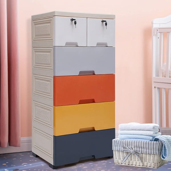 Plastic Drawers Dresser 5 Layer 6 Drawer Storage Cabinet Rounded Corners Tall Dresser Organizer - as picture - - 37668333