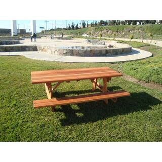 Outdoor 1905 Super Deck Finished 8 ft. Redwood Picnic Table with Attached Benches PTACHBB-8SC1905