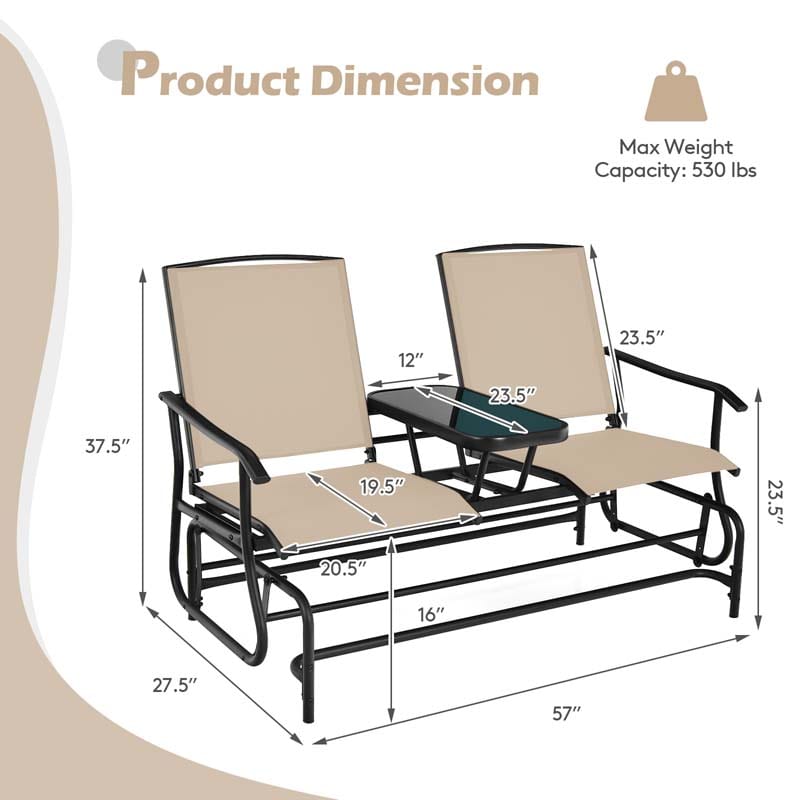 2-Person Outdoor Bench Glider Chair with Center Table, Mesh Fabric Rocking Loveseat for Patio