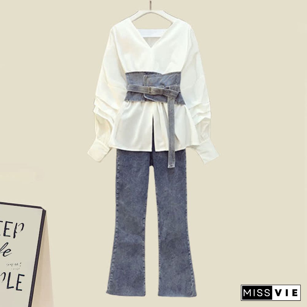 V-neck Belted Shirt High Waist Denim Pants Set