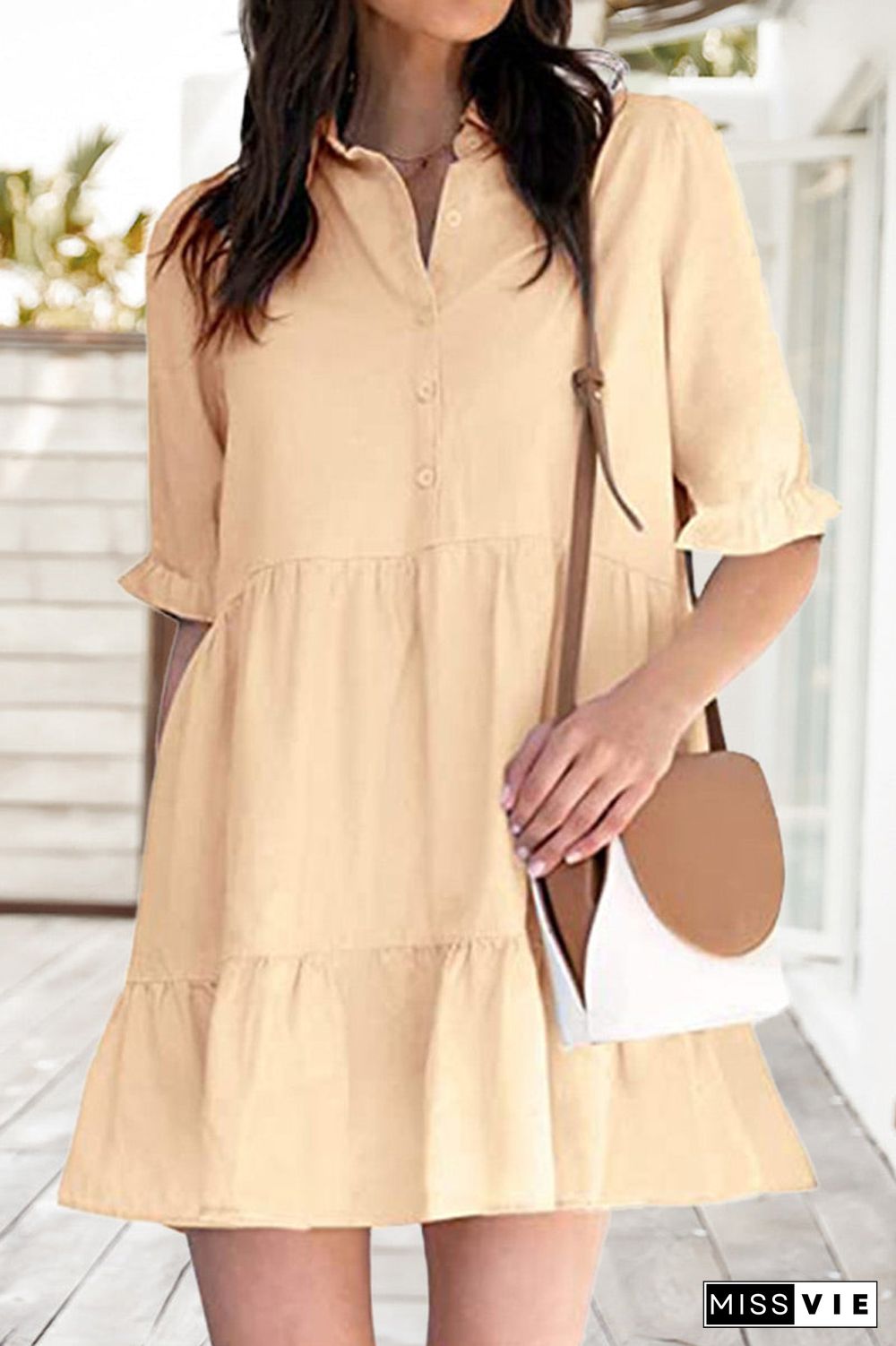 Fashion Casual Solid Split Joint Turndown Collar A Line Dresses