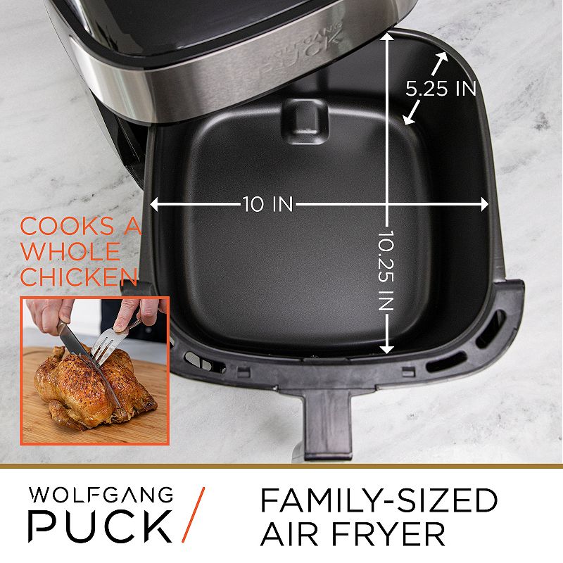 Wolfgang Puck 9.7QT Stainless Steel Air Fryer， Large Single Basket Design， Simple Dial Controls， Nonstick Interior， Includes Cooking Guide and Recipes