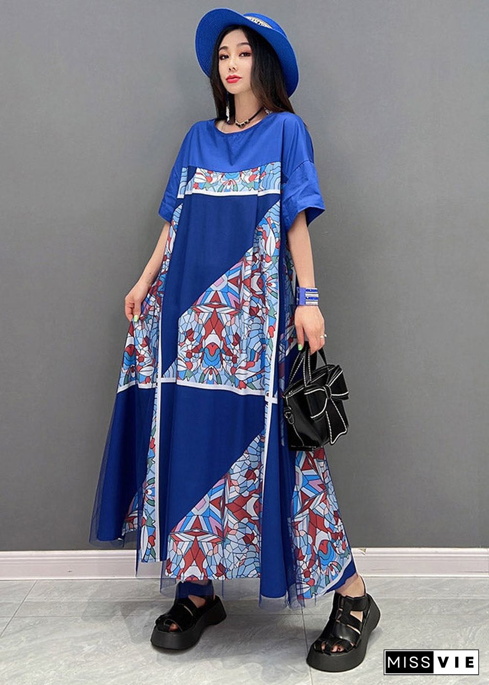 Plus Size Blue O-Neck Print Tulle Patchwork Dresses Short Sleeve