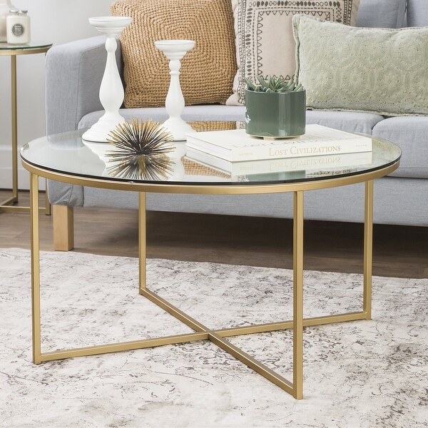 Modern Round Coffee Table， Glass/Gold